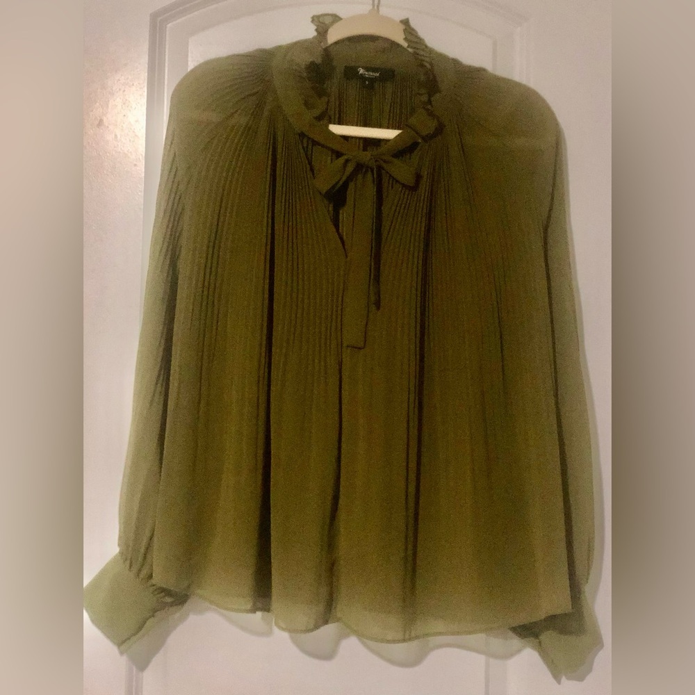 Pleated Ruffle Tie-Neck Blouse in Olive Green